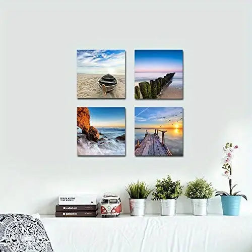 4pcs Beach Canvas Wall Art for Bathroom Decor