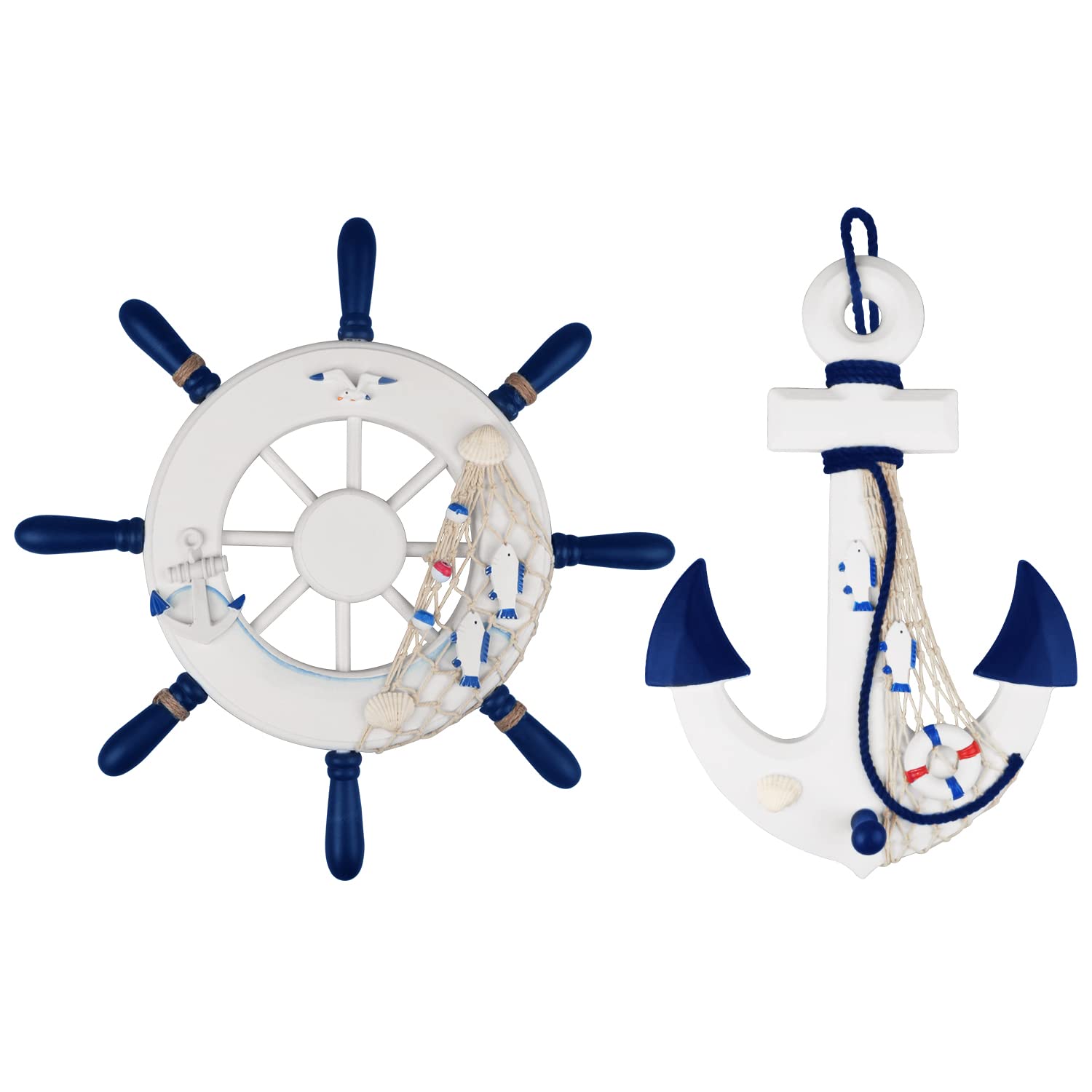 2 Pack 13" Nautical Beach Wooden Ship Wheel and 13" Wood Anchor with Rope Nautical Boat Steering Wheel Rudder Anchor Wall Decor Door Hanging Ornaments Beach Theme Home Wall Decoration