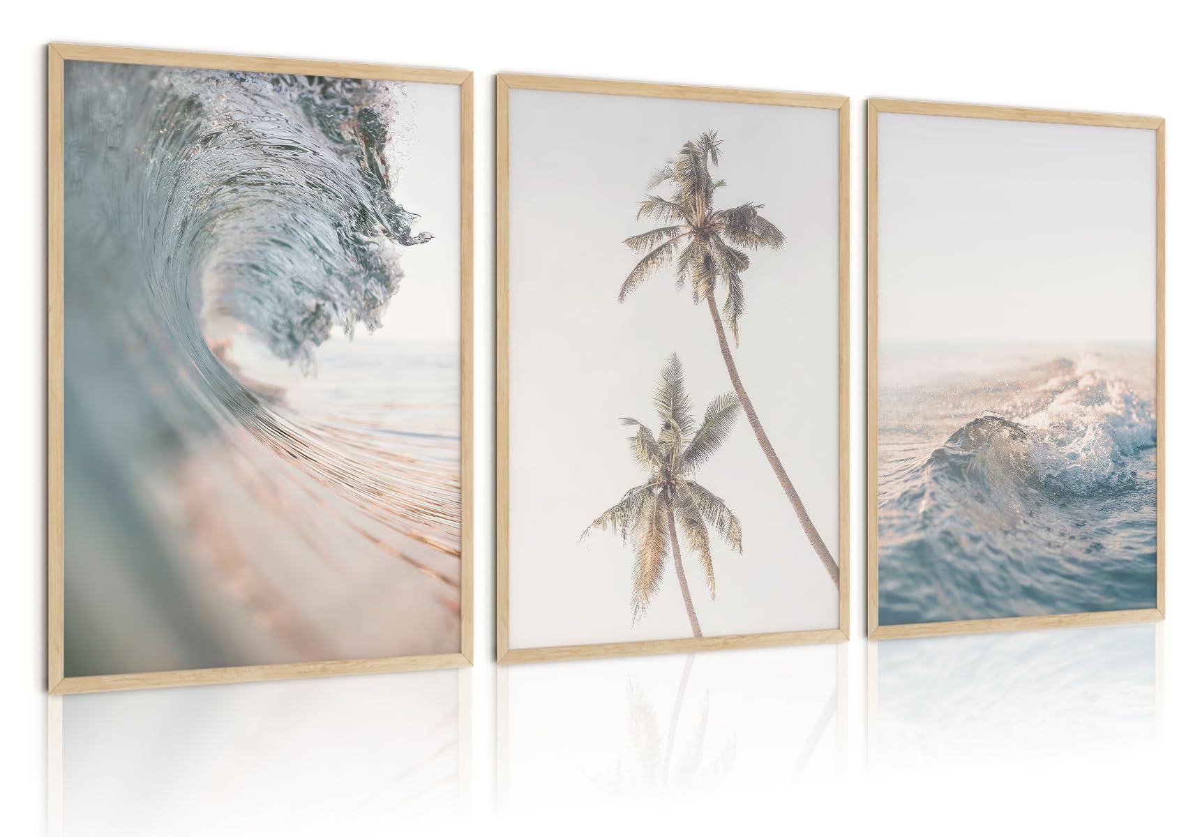 HDXUFJQ Beach Waves Wall Art Palm Tree Poster Light Blue Sea Wave Picture Prints Seawater Ocean Wave Canvas Wall Decor Coastal Coconut Trees Neutral Blue Sea Seascape Wall Decor Unframed(12x16 inch)