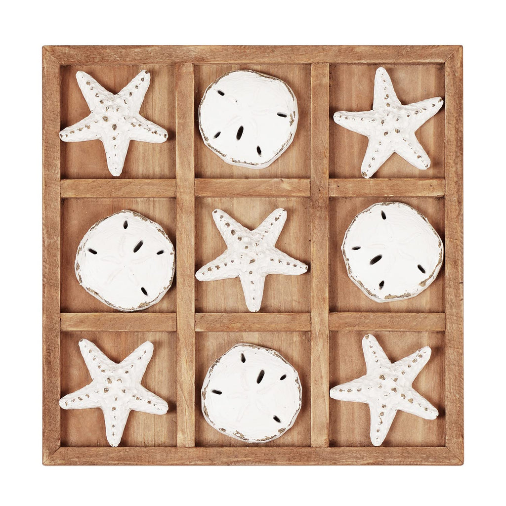 NIKKY HOME Beach Tic Tac Toe for Fun Starfish Sand Dollar Coastal House Coffee Table Decor Wood Board Travel Game 8.97 by 8.97-in Distressed White