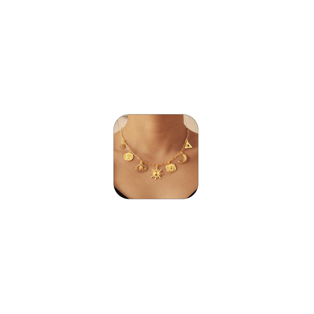 Lydow Gold Charm Necklace for Women Beach Summer Evil Eye Sun Moon Pendant Boho Jewelry Gifts Paperclip Chain Beachy Third Her