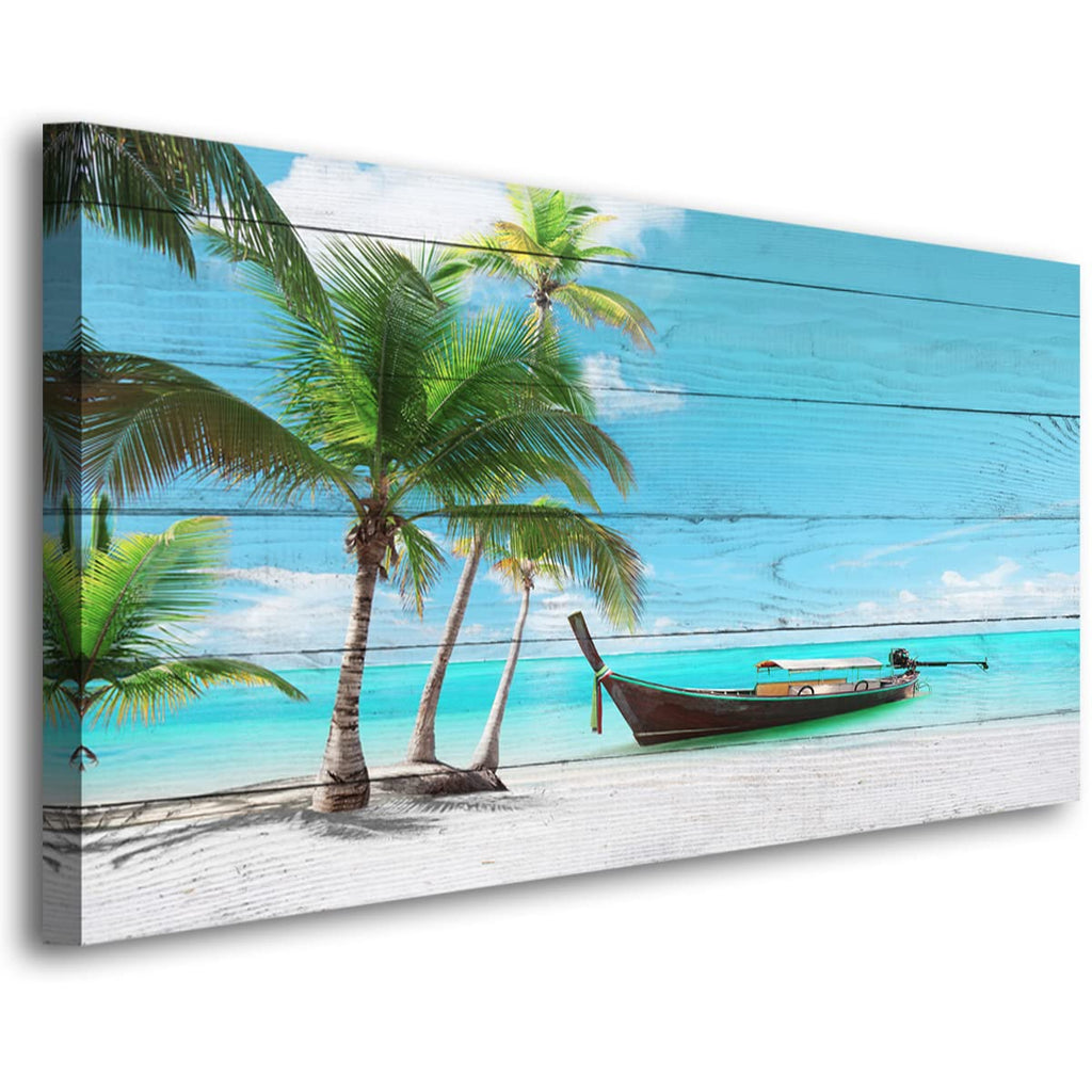 Beach Picture Canvas Prints Coconut Tree Ocean Wall Art Home Decor Natural Seascape Paintings for Living Room Bathroom Bedroom Office Kitchen Decorations Wooden Framed Landscape Artwork 28x57 inchs