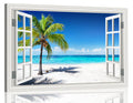 Ocean Wall Art Beach Picture for Living Room White Window Frame Style Palm Tree Art Print on Canvas Large Blue Sea View Painting Artwork for Bedroom Home Office Decoration Ready to Hang(32"×48")