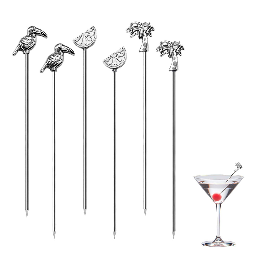 Sipoyen Metal Cocktail Picks for Drinks 4 Inch Stainless Steel Reusable Martini Picks Cocktail Garnish Skewers for Olive Twist Berry Beach Style Decor 6-Piece