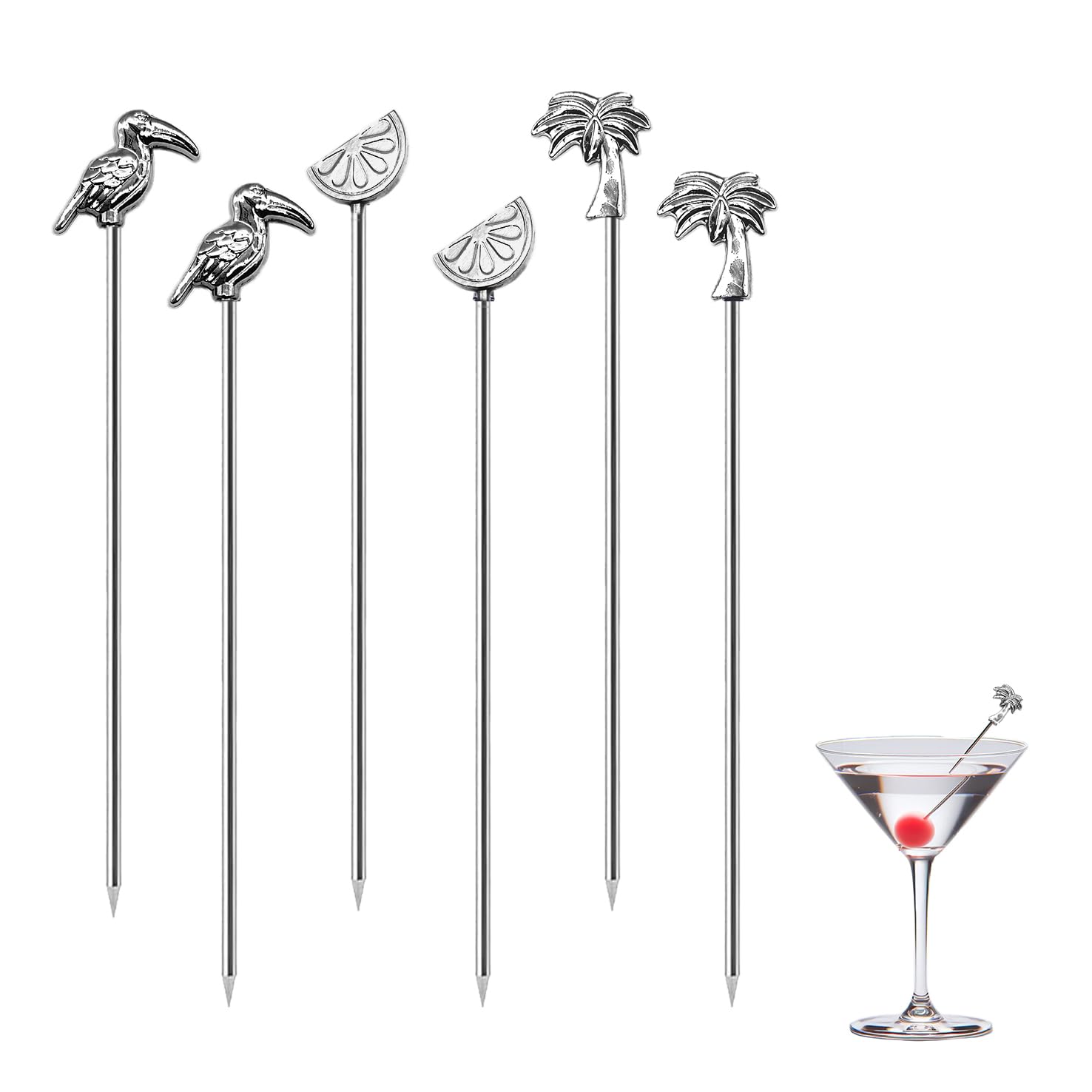 Sipoyen Metal Cocktail Picks for Drinks 4 Inch Stainless Steel Reusable Martini Picks Cocktail Garnish Skewers for Olive Twist Berry Beach Style Decor 6-Piece