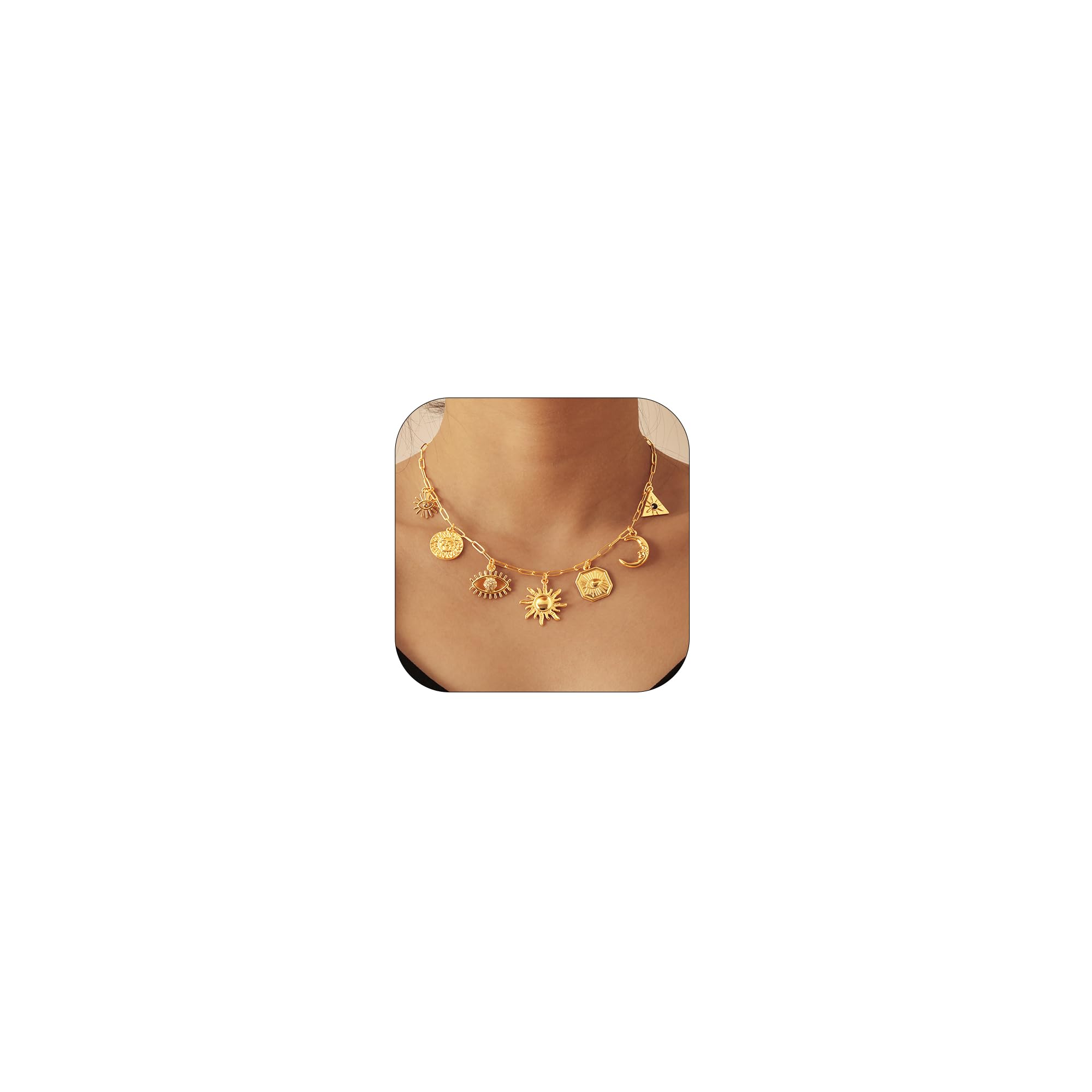 Lydow Gold Charm Necklace for Women Beach Summer Evil Eye Sun Moon Pendant Boho Jewelry Gifts Paperclip Chain Beachy Third Her
